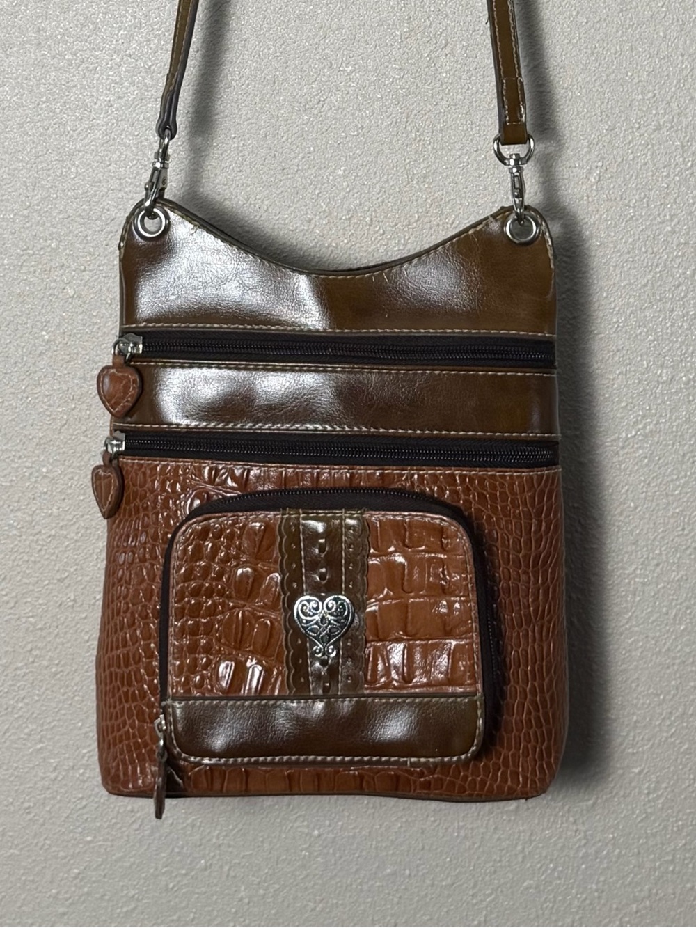 Brighton Brown Croc-Embossed Messenger Bag with Heart Charm